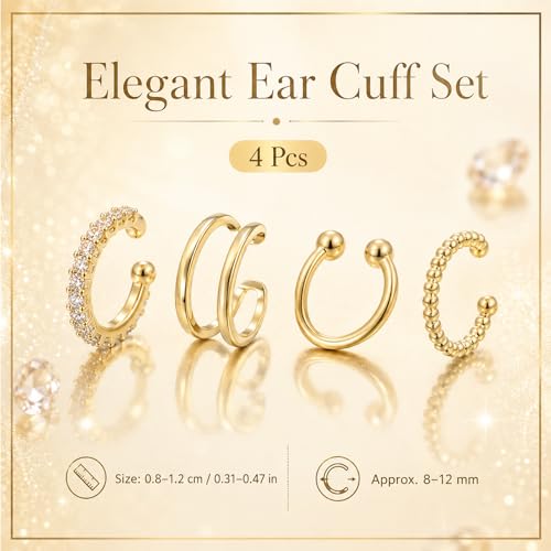 4Pcs Cuff Earrings Non Piercing 14k Gold Plated Ear Cuff Fake Earrings Lightweight Adjustable Ear Clip on Earring for Women Trendy Jewelry Gifts