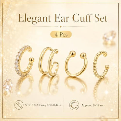 4Pcs Cuff Earrings Non Piercing 14k Gold Plated Ear Cuff Fake Earrings Lightweight Adjustable Ear Clip on Earring for Women Trendy Jewelry Gifts