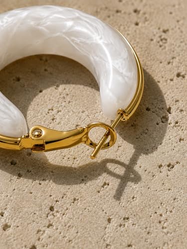 Gold Plated Stainless Steel Acrylic Hoop Earrings for women,Chunky Marbled Resin C-Hoops - CLOUD WHITE