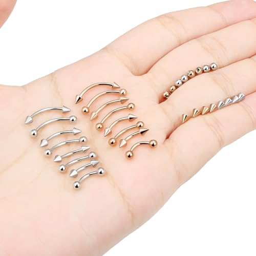 Jenxnjsjo 16g 6/8/10/12mm Silver/Gold/Black Eyebrow/Rook/Snug/Vertical-Labret/VCH/Snake-Eyes/Anti-Tragus/Christina/Daith/Belly-Button/Bridge/Hood/Surface Curved Barbell Piercing Jewelry for Women Men - color: Silver & Rose Gold