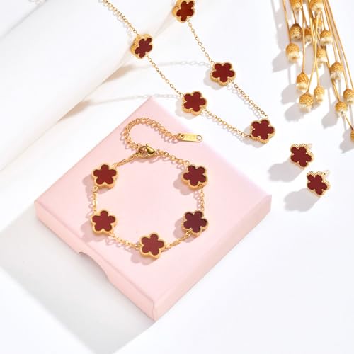 Gold Necklaces Bracelets Earring Set - 18K Gold Plated Flower Bracelet Chain,Stainless Steel Non Tarnish Floral Pendant Stud Jewelry Sets,Christmas Birthday Lucky Gift for Mom Wife Daughter Girlfriend - color: Red