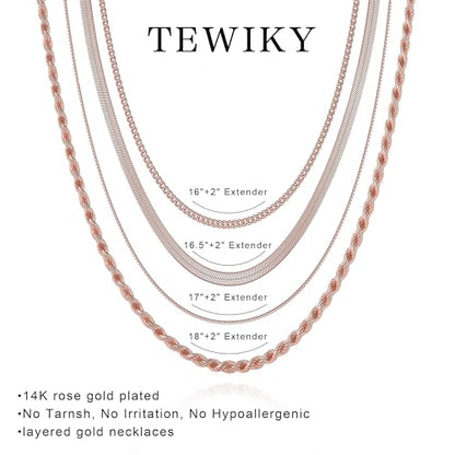 Tewiky Layered Necklaces for Women 14k Gold Plated Chain Necklace Set | Chunky Herringbone/Snake/Rope/Box/Cuban Link Chain for Women, Layering Stack Choker Necklace, Dainty Jewelry Set Non Tarnish - color: 4 Layered Necklace Rose Gold
