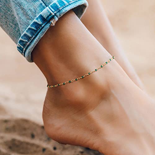 Gold Anklets for Women 14K Gold Plated Tiny Bead Anklet Colorful Tassel Foot Chain Dainty Adjustable Cute Summer Beach Boho Anklets Jewelry Gift - color: crystal green