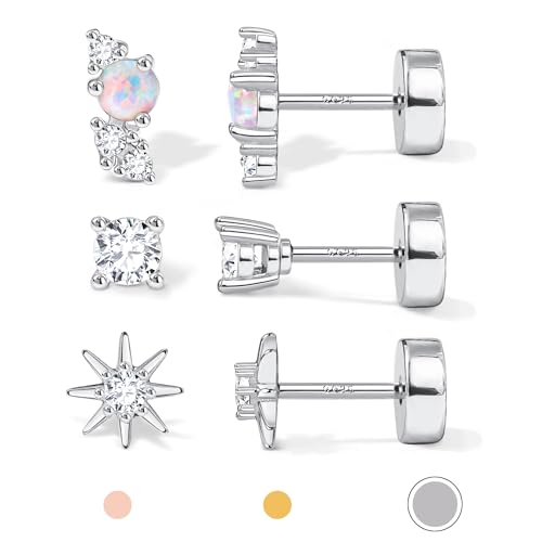 14K Gold Plated 925 Sterling Silver Flat Back Earrings Set | Hypoallergenic Cartilage Helix Conch Tragus Piercing Jewelry 3 Pairs Small Screw Dainty CZ Opal Earring Set Men Women - color: Silver, Style A