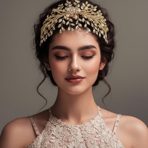 Bridal Headband,Rhinestone Crystal Floral Wedding Headpiece Flower Leaf Hair Accessories for Bride Wedding (Champagne) - color: Champagne