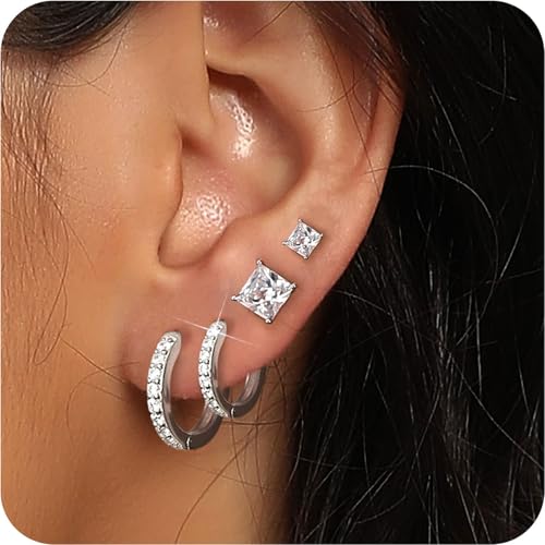 White Gold Earrings for Women Men Hoop and Stud Earring Set | Hypoallergenic 14K White Gold Plated Hoops Huggie Stud Earrings Set Round Cubic Zirconia Ear Jewelry - style: A2-White Gold-Hoop&Square Stud (4 Pairs)