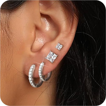 White Gold Earrings for Women Men Hoop and Stud Earring Set | Hypoallergenic 14K White Gold Plated Hoops Huggie Stud Earrings Set Round Cubic Zirconia Ear Jewelry - style: A2-White Gold-Hoop&Square Stud (4 Pairs)