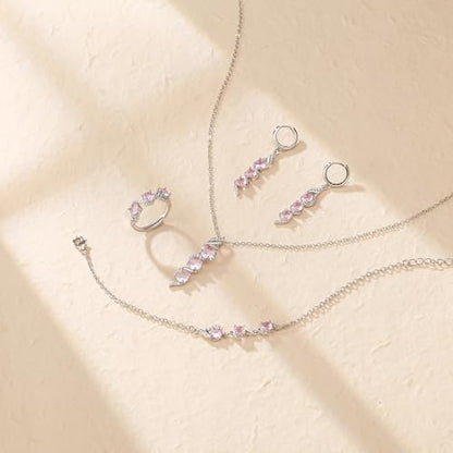 Crysdue Wedding Bridal Teardrop CZ Pendant Necklace Open Ring Dangle Earrings Adjustable Slider Bracelet Jewelry Set, Birthday Mothers Day Christmas Jewellery Gift for Women/Mom/Wife - style: 04-4pcs-Pink CZ