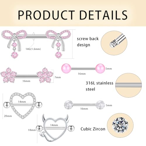 TIANCI FBYJS 6 Pairs 14G Nipple Rings for Women 316L Stainless Steel Heart Bow CZ Flower Barbell Nipple Rings Set Cute Nipplerings Piercing Jewelry - color: pink