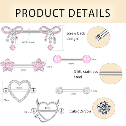 TIANCI FBYJS 6 Pairs 14G Nipple Rings for Women 316L Stainless Steel Heart Bow CZ Flower Barbell Nipple Rings Set Cute Nipplerings Piercing Jewelry - color: pink
