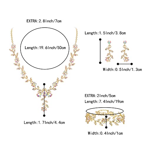 BriLove Women's Wedding Jewelry Set for Bride,Prom Bridal Accessories | Bling Crystal,Flower Leaf Cluster,Dangle Earrings Pendant Necklace Set,for Bridesmaid,Party Jewellery - color: 3Pcs-Iridescent AB Gold-Plated-Base