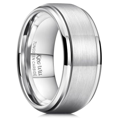 King Will Classic Tungsten Wedding Band for Men, 6/7/8/9/10mm Widths, Polished Finish Step Edge Matte Rings Comfort Fit - color: A-silver 10mm
