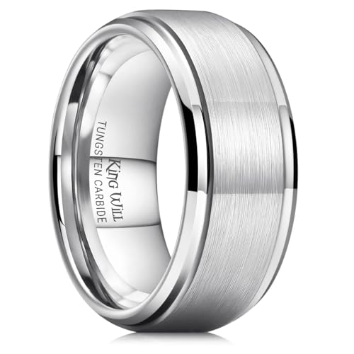 King Will Classic Tungsten Wedding Band for Men, 6/7/8/9/10mm Widths, Polished Finish Step Edge Matte Rings Comfort Fit - color: A-silver 10mm