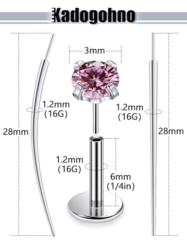 F136 Titanium 20/18/16g Internally Threaded Medusa Monroe Lip Ashley Labret Nose Rings Flat Back Tragus Helix Cartilage Conch Screw Stud Earrings Surgical Steel Piercing Jewelry for Women - color: Pink CZ, size: 16g*1/4in