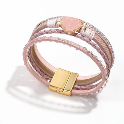 Suyi Multilayer Leather Wrap Bracelet Heart-Shape Wide Bracelets for Women - color: Pink 2
