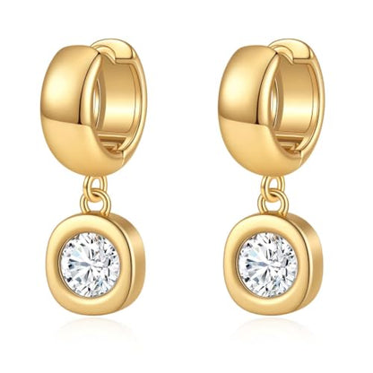Gold Chunky Dangle Earrings for Women, Bezel Set Cubic Zirconia Charm | 14K Gold Silver Plated, Statement Huggie Hoops Drop Earrings, Trendy Jewelry Gifts, High Grade CZ, Hypoallergenic Lightweight - color: GD-Round CZ Hoop