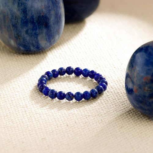 NLIEO Handmade Natural Gemstone Crystal Beaded Stretch Band Ring for Women | Handmade, 3mm Natural Stone, Size 7-12, Stretchy, Beaded Jewelry, Green Bead Rings, Trendy Jewelry Gift - style: Lapis Lazuli
