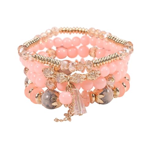 Boho Stackable Jewelry Bracelets for Women 4 Pcs Beaded Stretch Stacking Charm Crystal Bracelet Set Friendship Gifts - color: Pink