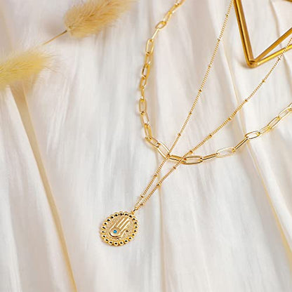 MEVECCO Dainty Pendant Layered Necklaces for Women | 18K Gold Plated Brass, 2-Piece Set With A Choker-Length Upper Layer, Wear Together Or Separately, Refined Everyday Style - style: Layer Oval Hamsa