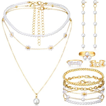 Ecally Bohemian Western Jewelry Turquoise Set Women Country Pendant Long Choker Layered Bracelets Earrings Ring for Women - color: White, style: Pearl