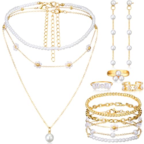 Ecally Bohemian Western Jewelry Turquoise Set Women Country Pendant Long Choker Layered Bracelets Earrings Ring for Women - color: White, style: Pearl