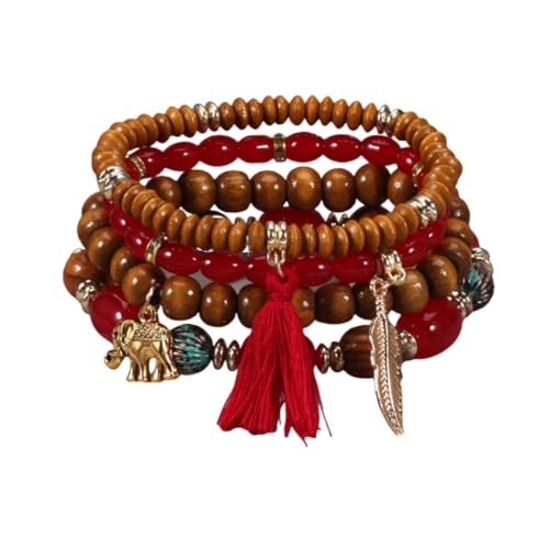 4Pcs Bohemia Multilayer Stackable Elephant Leaf Tassel Bracelets Colorful Wooden Resin Beaded Stretch Bracelets for Women Men Summer Beach Boho Vacation Hawaii Jewelry Gifts - style: StyleF