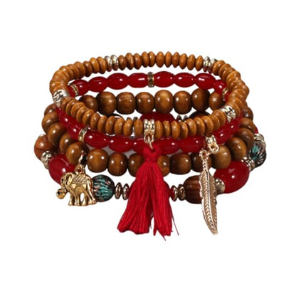 4Pcs Bohemia Multilayer Stackable Elephant Leaf Tassel Bracelets Colorful Wooden Resin Beaded Stretch Bracelets for Women Men Summer Beach Boho Vacation Hawaii Jewelry Gifts - style: StyleF