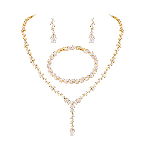 Bridal Wedding Jewelry CZ Set Marquise Teardrop Cubic Zirconia Pendant Necklace and Dangle Earring Bracelet Sets for Women - color: Gold plated - 03