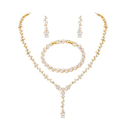 Bridal Wedding Jewelry CZ Set Marquise Teardrop Cubic Zirconia Pendant Necklace and Dangle Earring Bracelet Sets for Women - color: Gold plated - 03