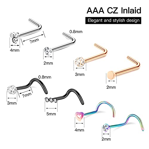 35-70 PCS 18G 20G Nose Rings for Women & Men - Gold Hoops, L Shape, Studs & Screw - 316L Surgical Stainless Steel - color: Color D-40pcs