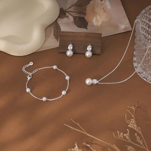 Jewelry Sets for Women,Dainty 14k Gold Plated Pearl Earrings Necklace Bracelet Fashion Silver Bridal Jewelry accessories SimpleWedding Jewelry Sets for Brides - color: silver1