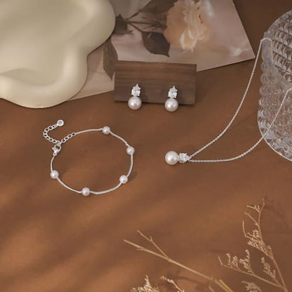 Jewelry Sets for Women,Dainty 14k Gold Plated Pearl Earrings Necklace Bracelet Fashion Silver Bridal Jewelry accessories SimpleWedding Jewelry Sets for Brides - color: silver1
