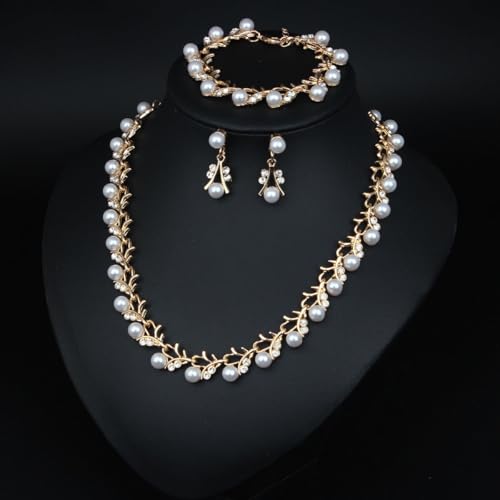 Bridal and Bridesmaid Pearl and Rhinestone Jewelry Set Crystal Necklace, Bracelet And Earrings Collection, Bohemian Adjustable Beaded Crystal for Women - style: Golden vine