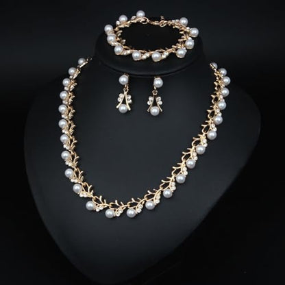 Bridal and Bridesmaid Pearl and Rhinestone Jewelry Set Crystal Necklace, Bracelet And Earrings Collection, Bohemian Adjustable Beaded Crystal for Women - style: Golden vine