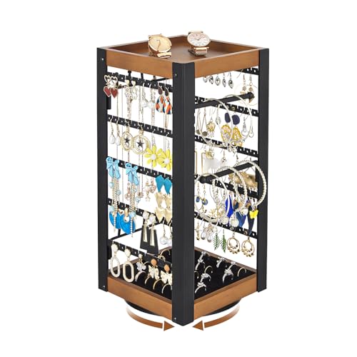 360° Rotating Jewelry Organizer, Earring Holder with Ring Tray & Hooks | Stores 200+ earrings, rings, necklaces and bracelets with a bamboo tray for perfume, lipstick and vanity essentials. - color: Black