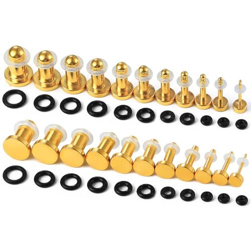 Casvort 22 PCS/16 PCS Hypoallergenic 18G-1'' Comfy Dead Stretching Plugs in 0.5mm Increments Saddle Plugs with Rubber Rings 316 Surgical Stainless Steel Crazy Ear Gauges Body Piercing Jewelry - color: Gold 1-6mm 22 PCS