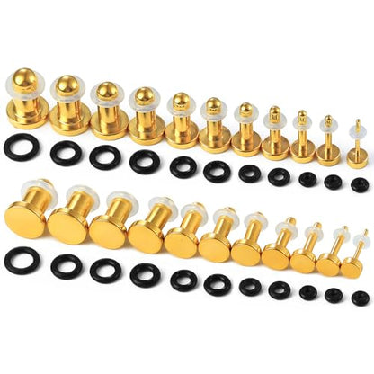 Casvort 22 PCS/16 PCS Hypoallergenic 18G-1'' Comfy Dead Stretching Plugs in 0.5mm Increments Saddle Plugs with Rubber Rings 316 Surgical Stainless Steel Crazy Ear Gauges Body Piercing Jewelry - color: Gold 1-6mm 22 PCS