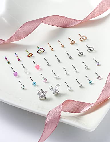 Prjndjw 20G 18G Nose Rings Studs Surgical Steel Nose Stud Glow Dark Heart Opal CZ Flower Nose Piercing Jewelry Nose Rings for Women Straight Screw L Shaped Nose Rings Hypoallergenic Nose Piercing Kit - color: 20G-Straight Bar Nose rings