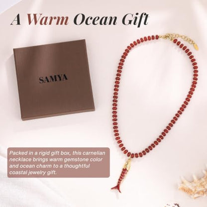 SAMYA Gemstone Beaded Necklace for Women, Natural Stone Ocean Jewelry | Fish or Seashell Pendant Beach Necklace, Gold Spacer Accents, Reinforced Stainless Steel Clasp, Adjustable 16"+2" - color: Carnelian