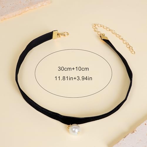 Qceasiy Gothic Black Necklace for Women, Adjustable Victorian Velvet Lace Collar, Halloween Party Cosplay Jewelry Gift - style: Pearl