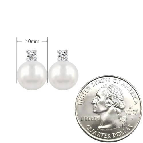 10mm White Faux Pearl Stud Earrings with 3mm Cubic Zirconia Inlay, Hypoallergenic Lightweight S925 Silver Post Earrings for Women
