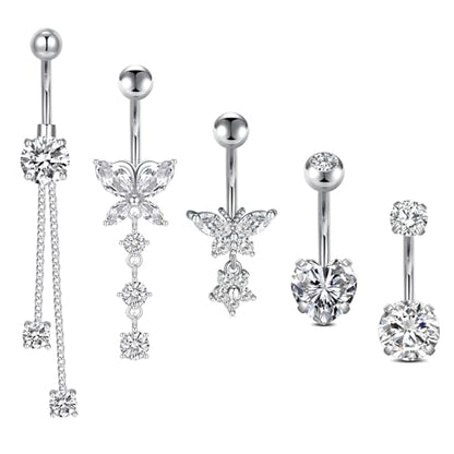 Incaton 14G Cute Heart Stainless Steel Belly Button Rings Belly Piercing Jewelry Diamond Belly Rings for Women Navel Piercing Jewelry - color: 5pcs Silver 2