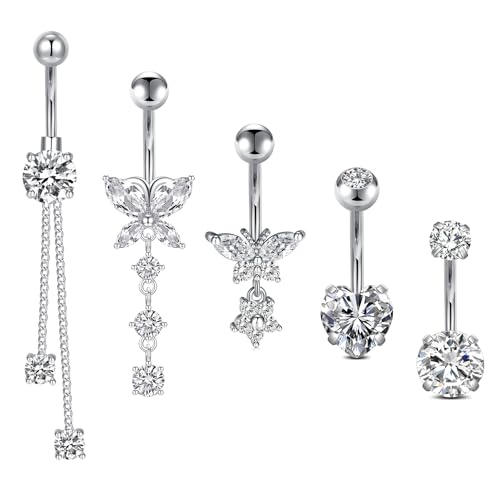 Incaton 14G Cute Heart Stainless Steel Belly Button Rings Belly Piercing Jewelry Diamond Belly Rings for Women Navel Piercing Jewelry - color: 5pcs Silver 2