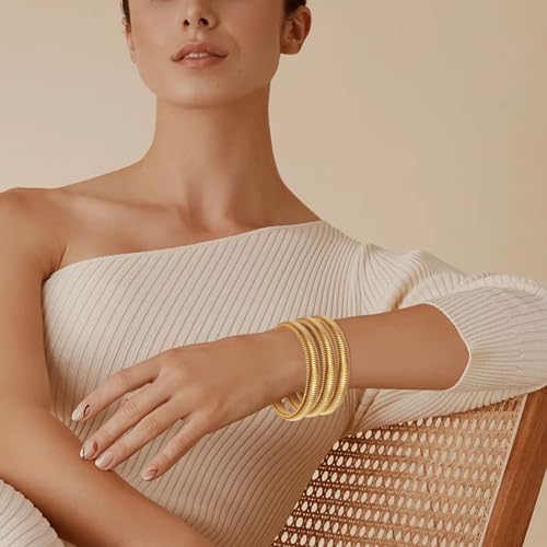 Gold Chunky Stretch Snake Chain Bangle Bracelets Stack for Women Trendy, 18K Gold Filled Stainless Steel Stretchy Womens Stackable Wristband Bangles Bracelet Set - style: 3PCS 10MM EACH