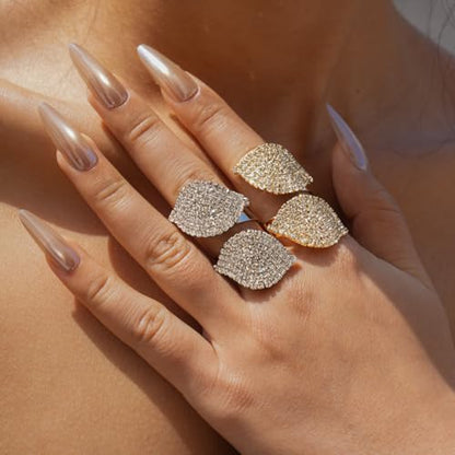 Rhinestone Finger Ring for Women Sparkly Crystal Butterfly Flower Leaf Adjustable Statement Chain Rings Punk Jewelry - color: Leaf S