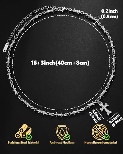 Stainless Steel Gothic Y2K Punk Rock Emo Biker Pendant Necklace | Cosplay Vintage Viking Alt Edgy Fashion Charm Necklace Jewelry for Men Women Active Daily Wear - style: Small Barbed Wire Cross Necklace Bracelet