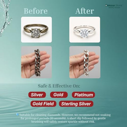 Silver Jewelry Cleaner, Instant Shine, 4-in-1 Gold, Platinum Jewelry Cleaner Solution, Brush, Large Polishing Cloth & Luxury Travel Box – Eco-Friendly, Tarnish Remover & Jewelry Cleaner Kit