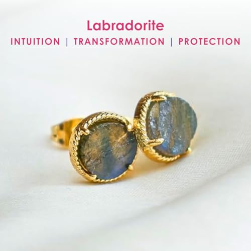 Gempires Gemstone Stud Earrings for Women 14k Gold Plated Prong Set Genuine Crystal Hypoallergenic Handmade Minimal Everyday Jewelry Elegant Birthstone Earrings Gift for Her - style: Labradorite
