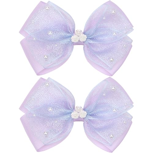 KISZU 4.5 Inch Flower Hair Bows Clips Mermaid Pearl HairPins for Girls Children Teens and Women - color: Purple