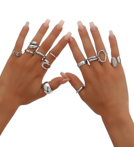 12Pcs Gold Chunky Rings 18K Gold Plated Stackable Open Knuckle Ring Set Hollow Heart Twist Croissant Dome Band Statement Finger Rings for Women Gold Silver Tone Adjustable - color: B-Sliver